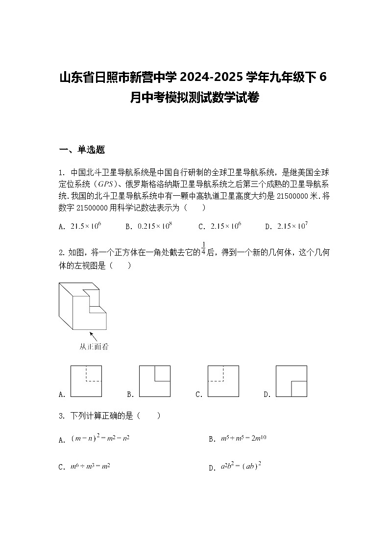 山东省日照市新营中学2024-2025学年九年级下6月中考模拟测试数学试卷（含答案解析）第1页