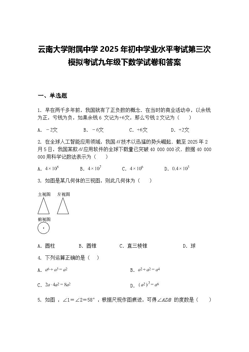 云南大学附属中学2025年初中学业水平考试第三次模拟考试九年级下数学试卷和答案（含答案解析）第1页