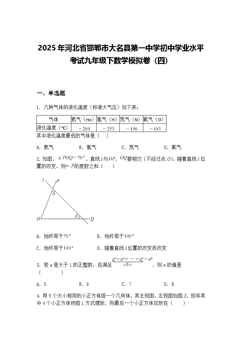 2025年河北省邯郸市大名县第一中学初中学业水平考试九年级下数学模拟卷（四）（含答案解析）第1页
