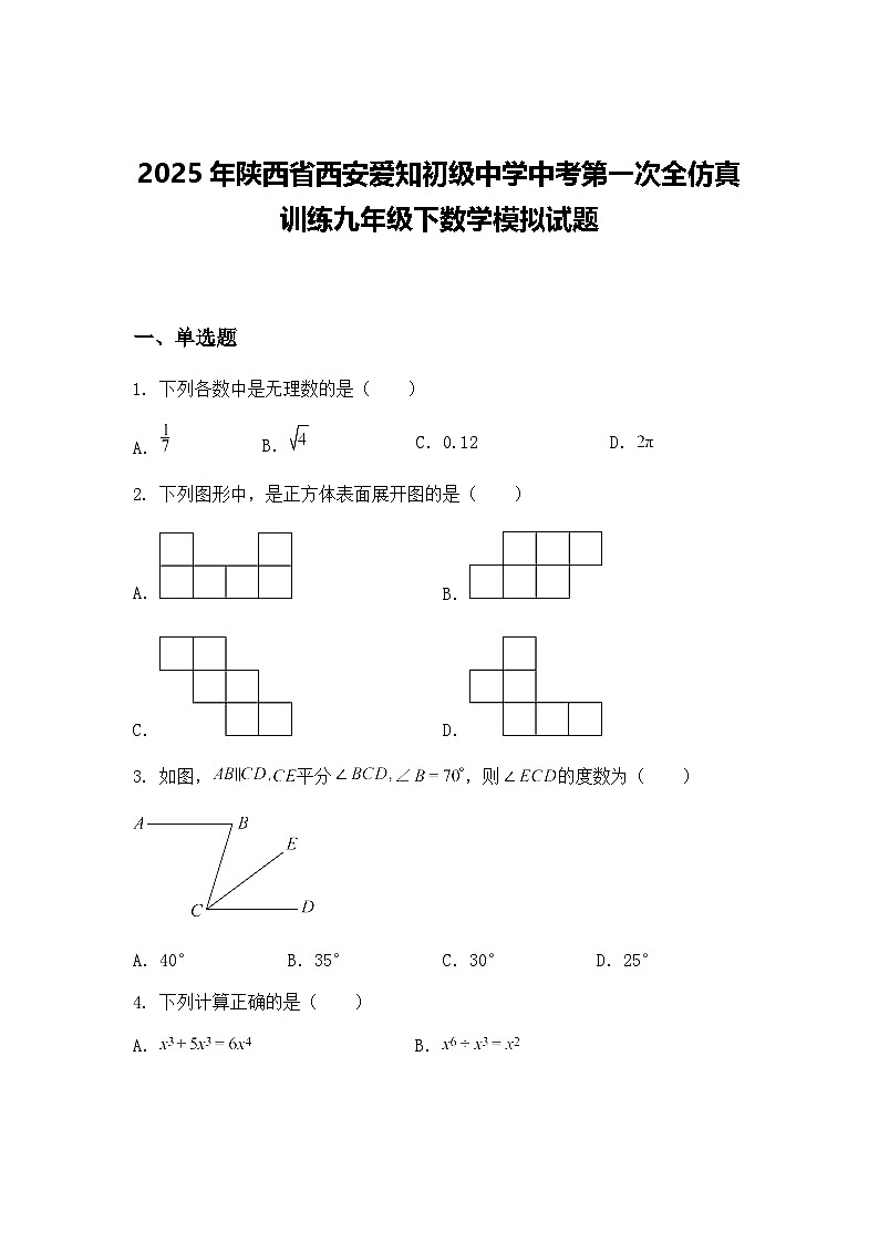 2025年陕西省西安爱知初级中学中考第一次全仿真训练九年级下数学模拟试题（含答案解析）第1页