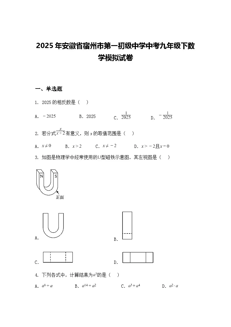 2025年安徽省宿州市第一初级中学中考九年级下数学模拟试卷（含答案解析）第1页