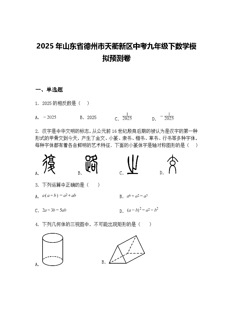 2025年山东省德州市天衢新区中考九年级下数学模拟预测卷（含答案解析）第1页