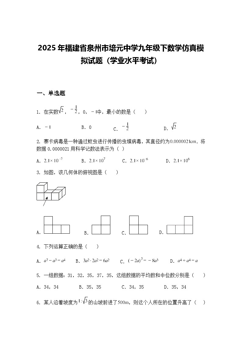 2025年福建省泉州市培元中学九年级下数学仿真模拟试题（学业水平考试）（含答案解析）第1页