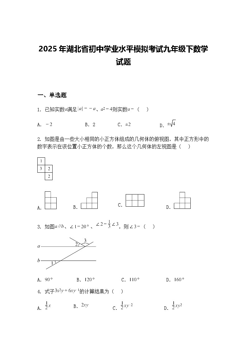 2025年湖北省初中学业水平模拟考试九年级下数学试题（含答案解析）第1页