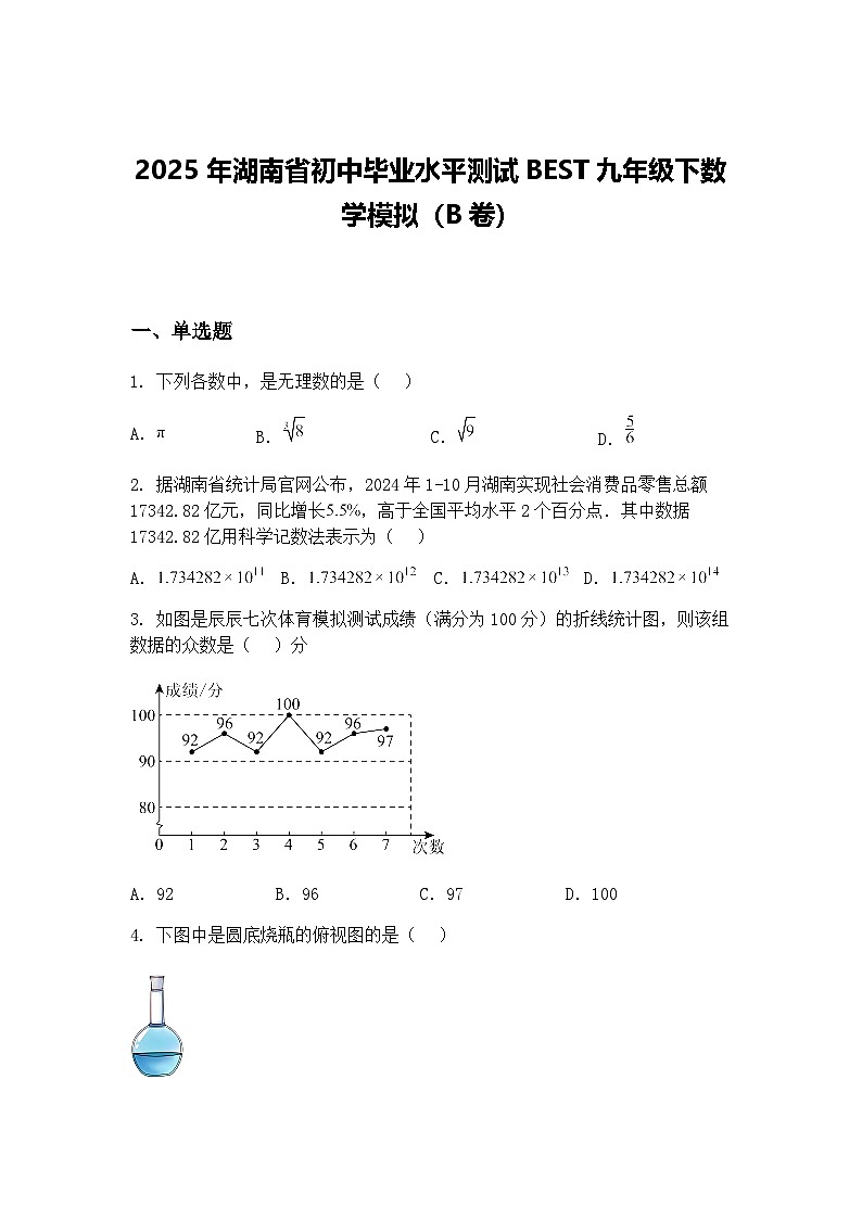 2025年湖南省初中毕业水平测试BEST九年级下数学模拟（B卷）（含答案解析）第1页