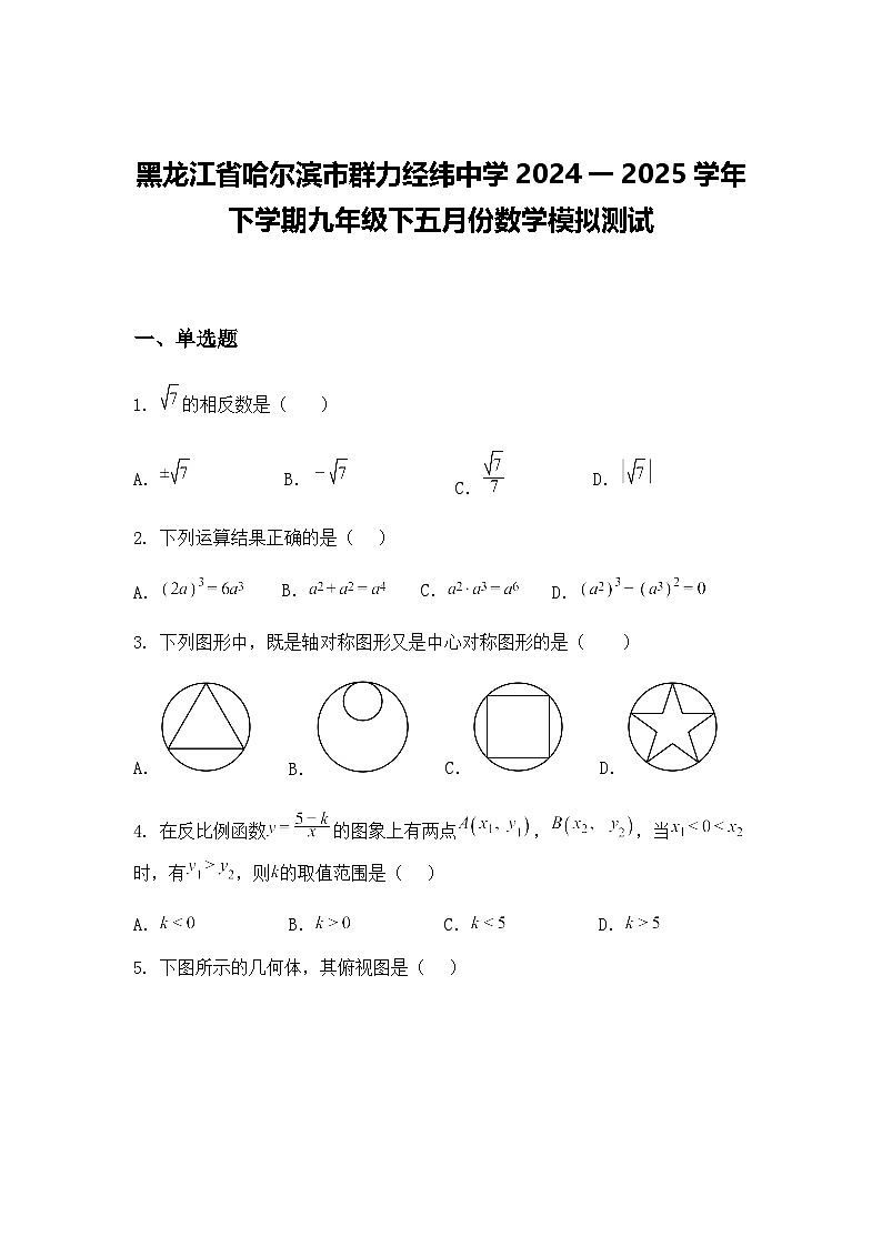 黑龙江省哈尔滨市群力经纬中学2024一2025学年下学期九年级下五月份数学模拟测试（含答案解析）第1页
