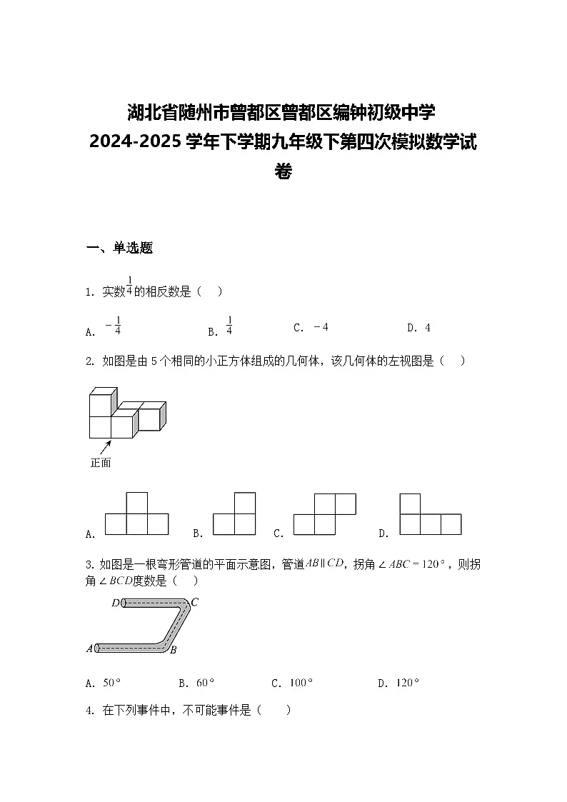 湖北省随州市曾都区曾都区编钟初级中学2024-2025学年下学期九年级下第四次模拟数学试卷（含答案解析）第1页