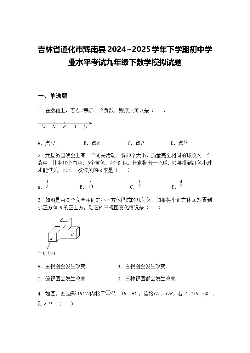吉林省通化市辉南县2024~2025学年下学期初中学业水平考试九年级下数学模拟试题（含答案解析）第1页