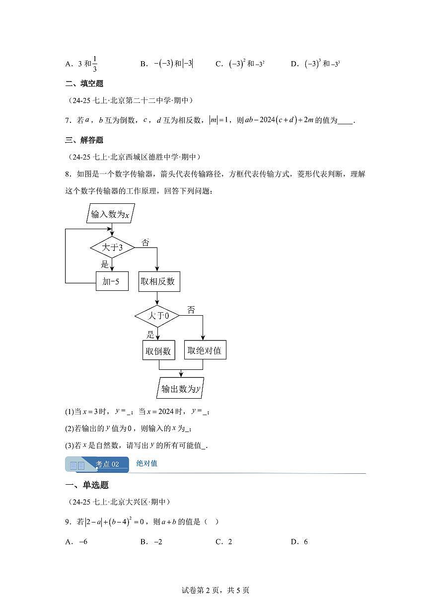 专题03相反数与数轴（期中真题 北京专用（人教版2024））七年级数学上学期（含答案）第2页