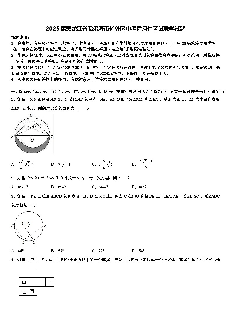 2025届黑龙江省哈尔滨市道外区中考适应性考试数学试题含解析第1页