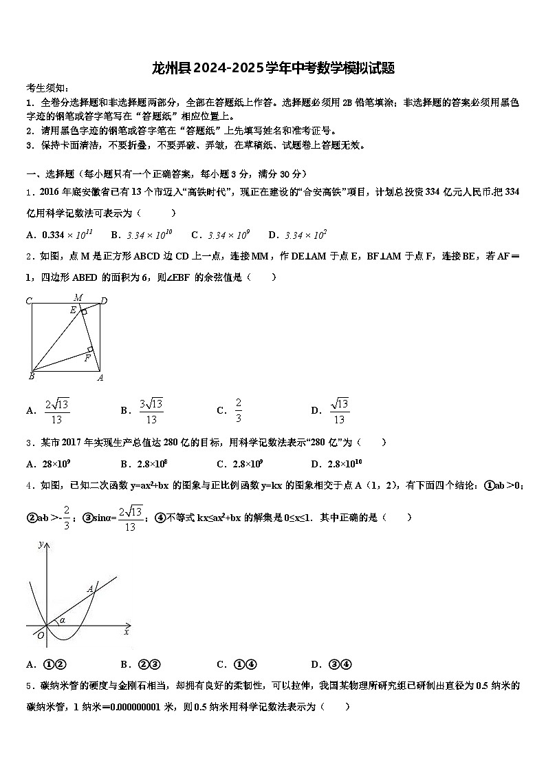 龙州县2024-2025学年中考数学模拟试题含解析第1页