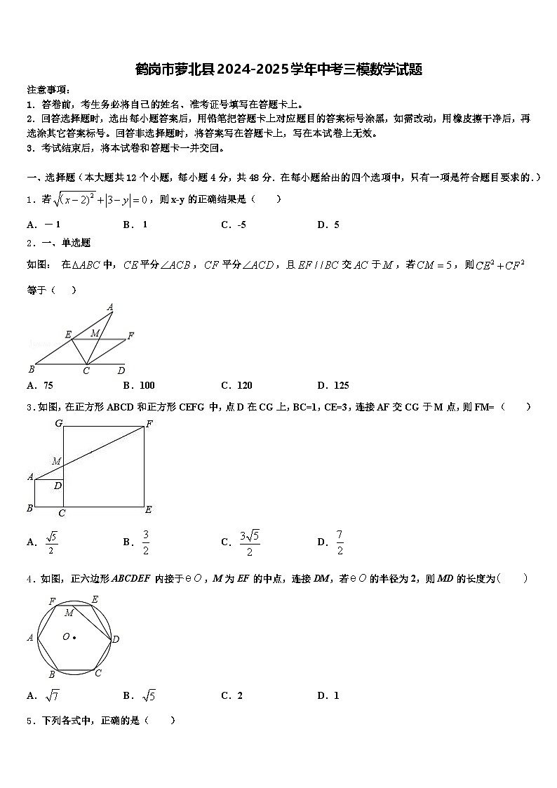 鹤岗市萝北县2024-2025学年中考三模数学试题含解析第1页