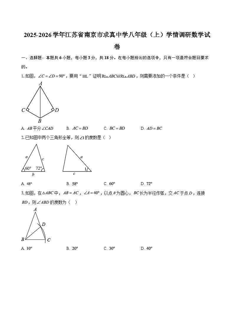 2025-2026学年江苏省南京市求真中学八年级（上）学情调研数学试卷-自定义类型第1页