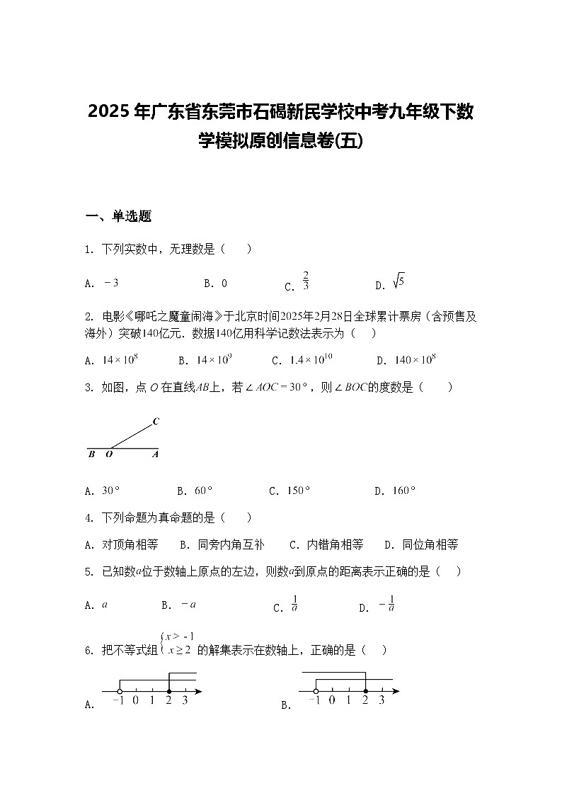 2025年广东省东莞市石碣新民学校中考九年级下数学模拟原创信息卷(五)（含答案解析）第1页