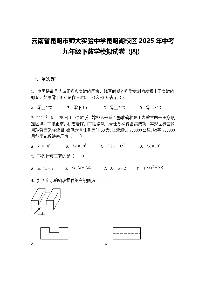 云南省昆明市师大实验中学昆明湖校区2025年中考九年级下数学模拟试卷（四）（含答案解析）第1页