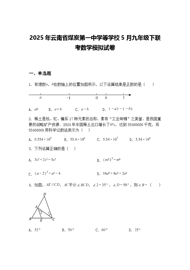 2025年云南省煤炭第一中学等学校5月九年级下联考数学模拟试卷（含答案解析）第1页