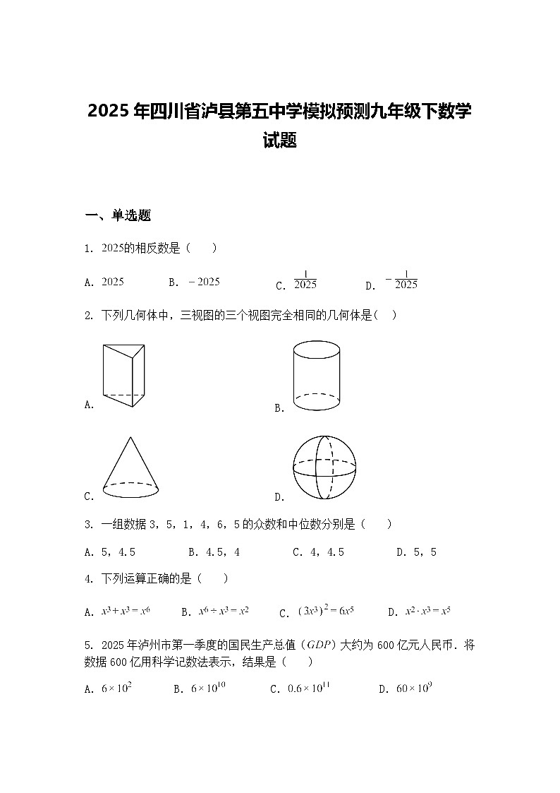2025年四川省泸县第五中学模拟预测九年级下数学试题（含答案解析）第1页