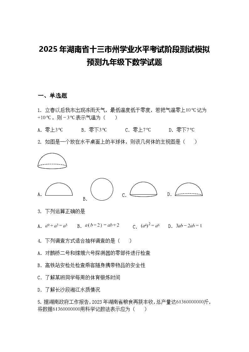 2025年湖南省十三市州学业水平考试阶段测试模拟预测九年级下数学试题（含答案解析）第1页