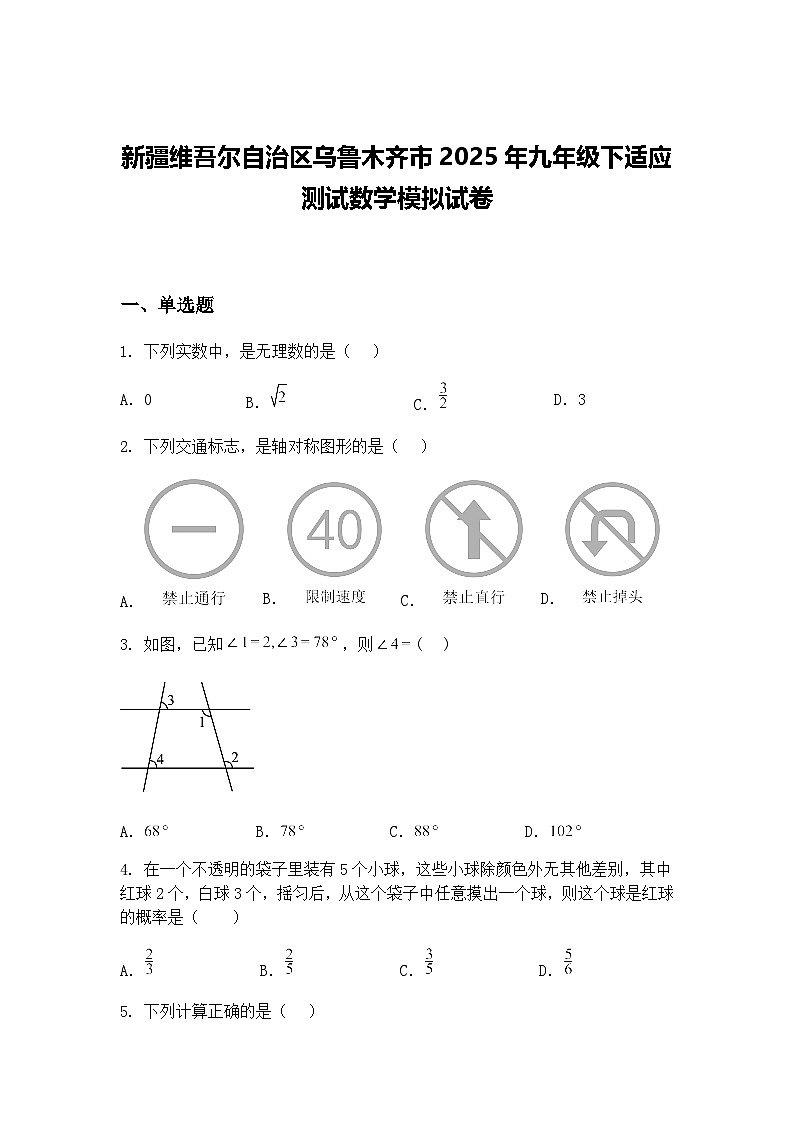 新疆维吾尔自治区乌鲁木齐市2025年九年级下适应测试数学模拟试卷（含答案解析）第1页