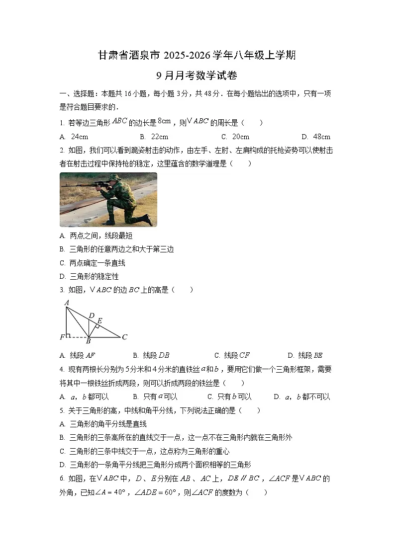 甘肃省酒泉市2025-2026学年八年级上学期9月月考数学试卷（学生版）第1页