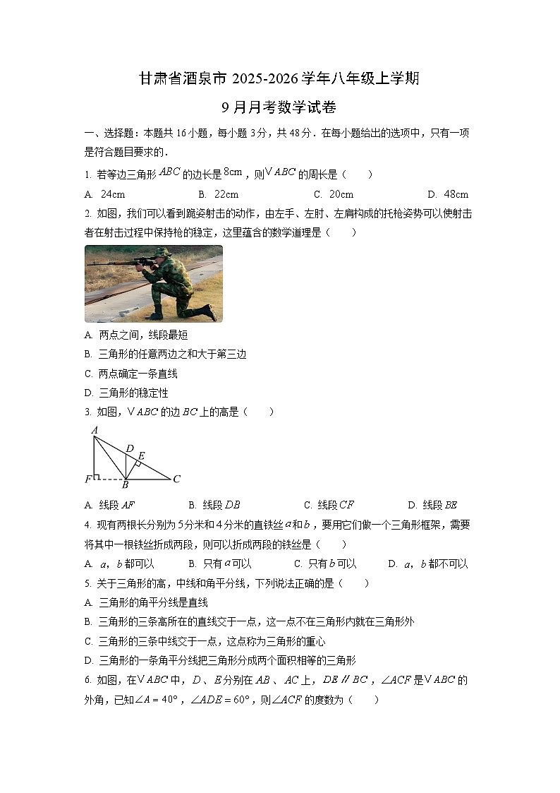 甘肃省酒泉市2025-2026学年八年级上学期9月月考数学试卷（学生版）第1页