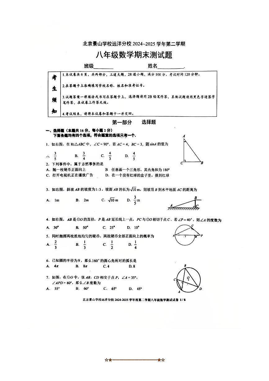 2024~2025学年北京景山学校远洋分校八年级下数学期末测试卷(无答案)第1页