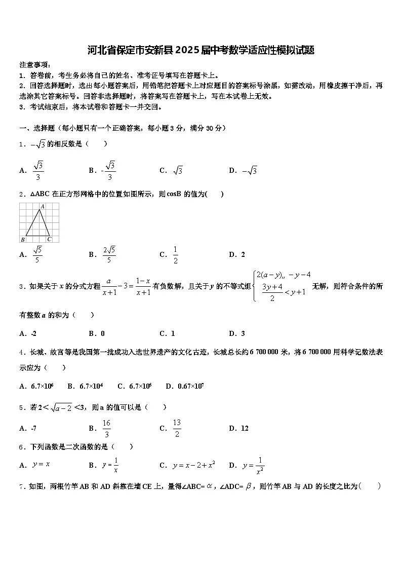 河北省保定市安新县2025届中考数学适应性模拟试题含解析第1页
