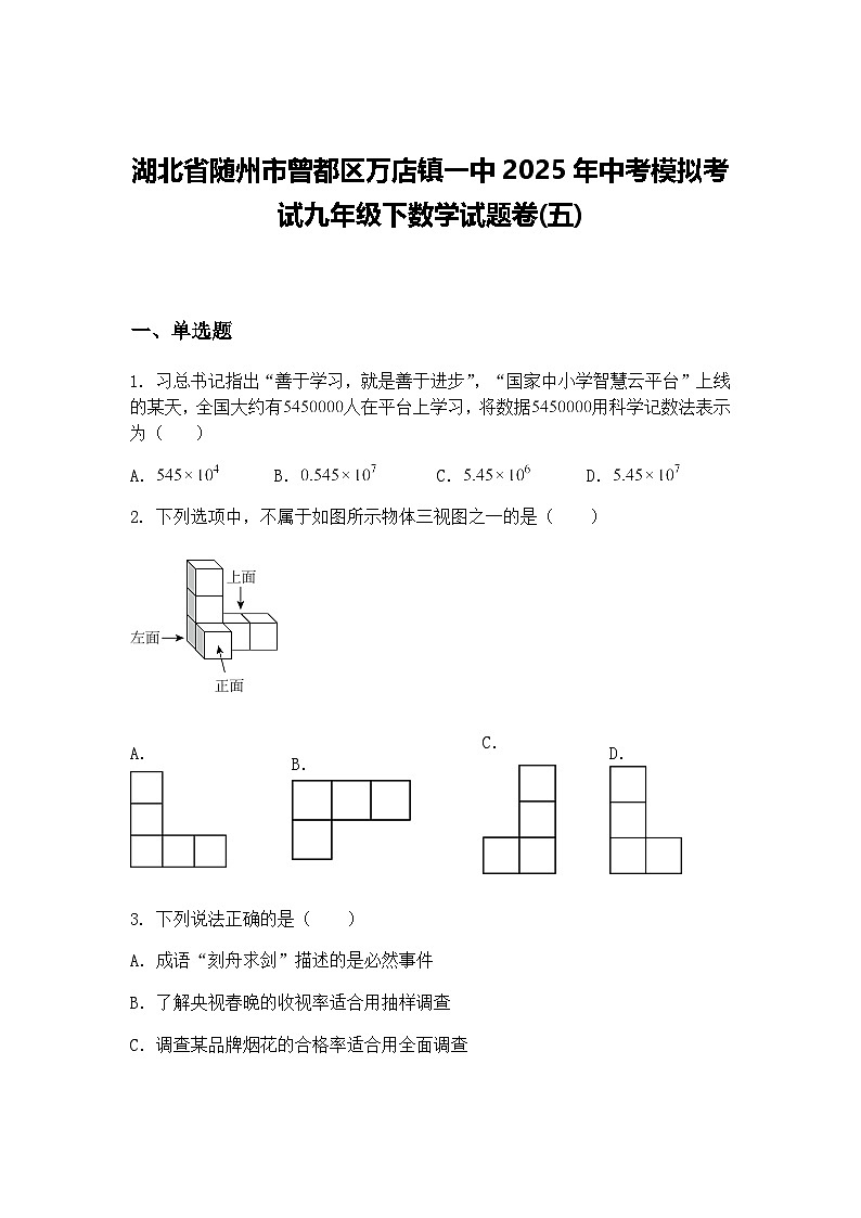 湖北省随州市曾都区万店镇一中2025年中考模拟考试九年级下数学试题卷(五)（含答案解析）第1页