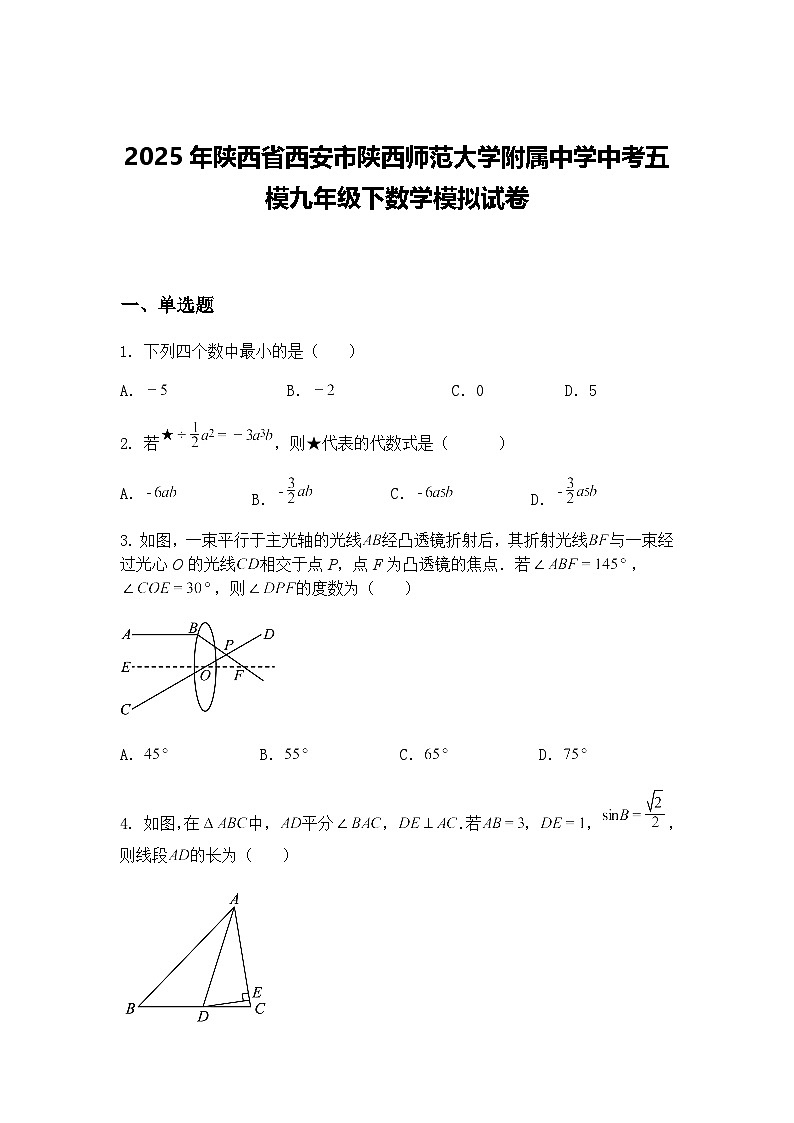 2025年陕西省西安市陕西师范大学附属中学中考五模九年级下数学模拟试卷（含答案解析）第1页
