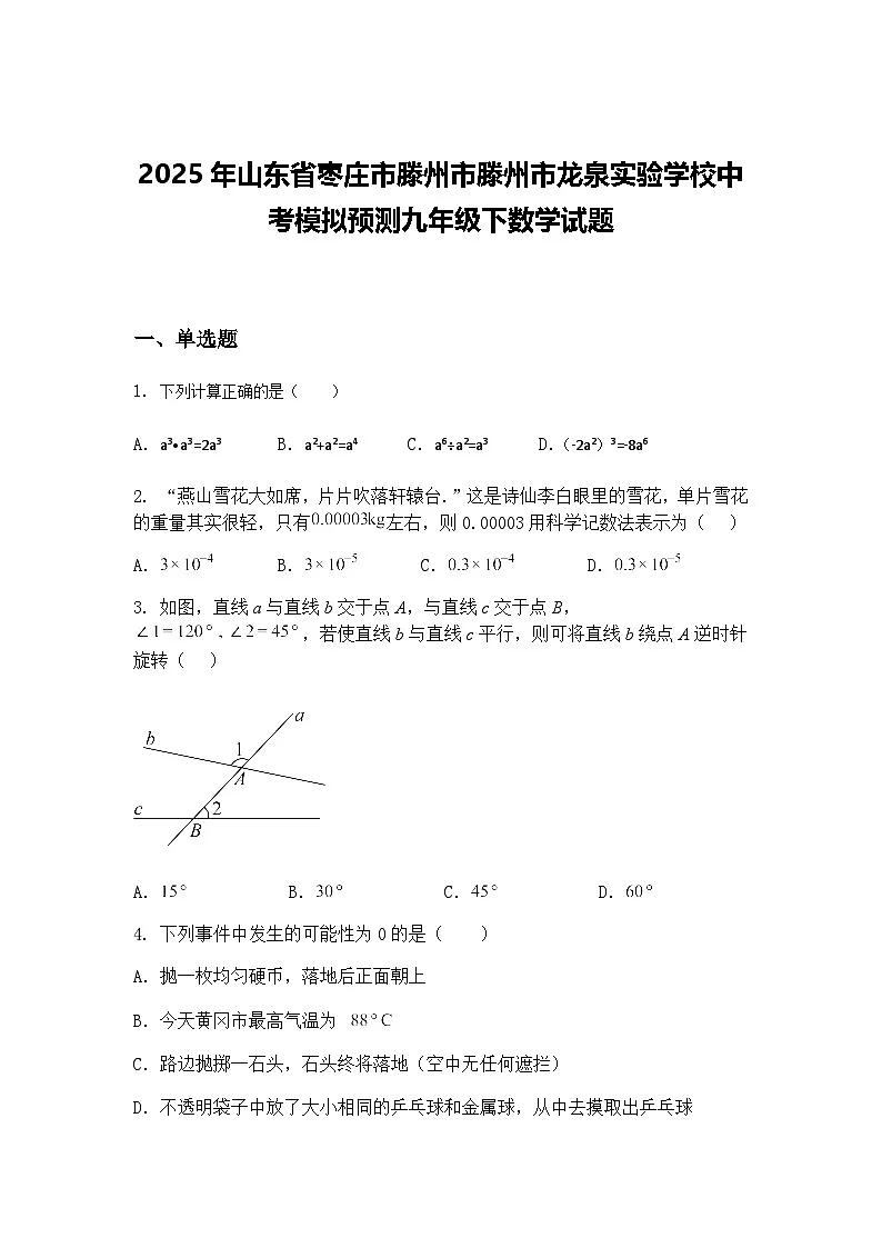 2025年山东省枣庄市滕州市滕州市龙泉实验学校中考模拟预测九年级下数学试题（含答案解析）第1页