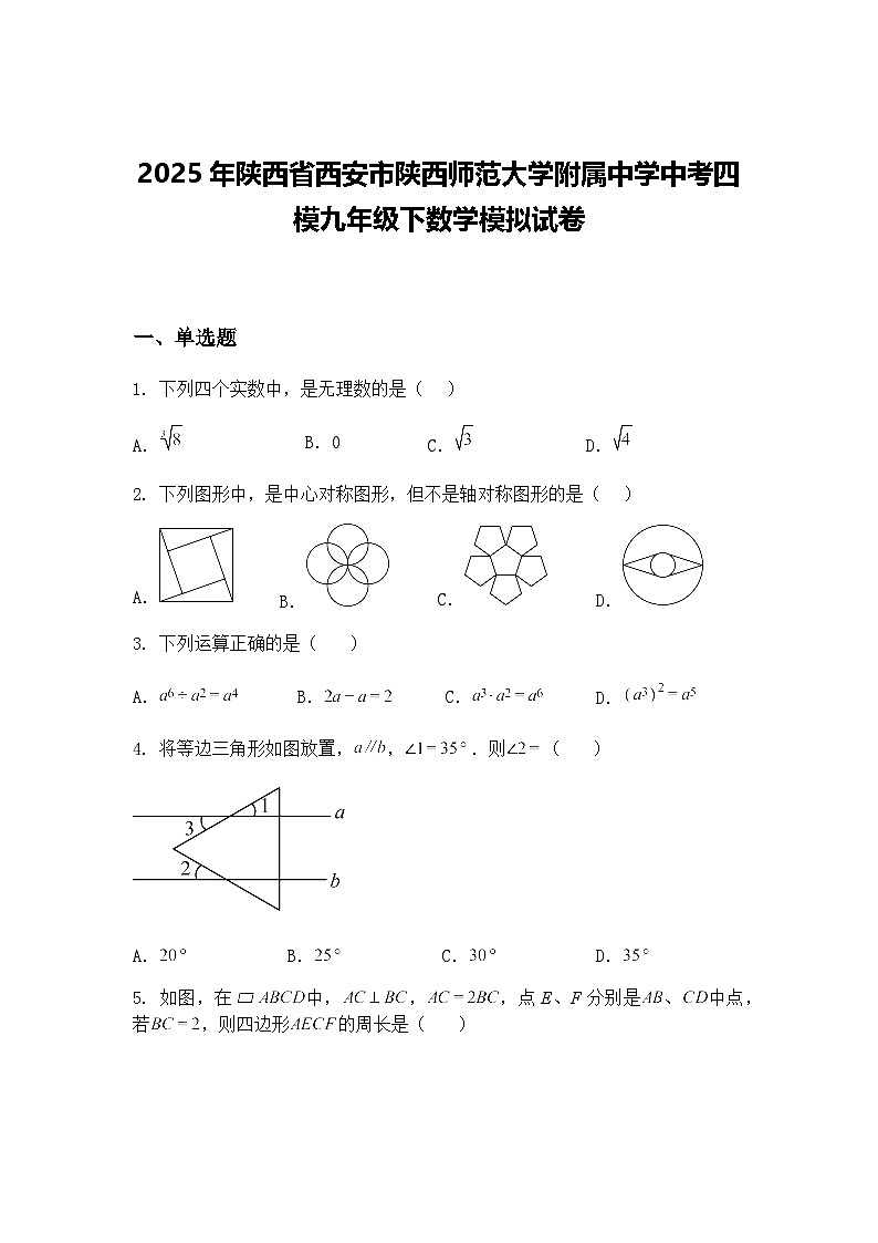 2025年陕西省西安市陕西师范大学附属中学中考四模九年级下数学模拟试卷（含答案解析）第1页