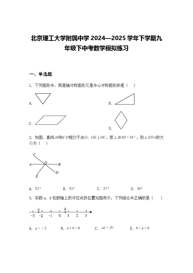 北京理工大学附属中学2024—2025学年下学期九年级下中考数学模拟练习（含答案解析）第1页