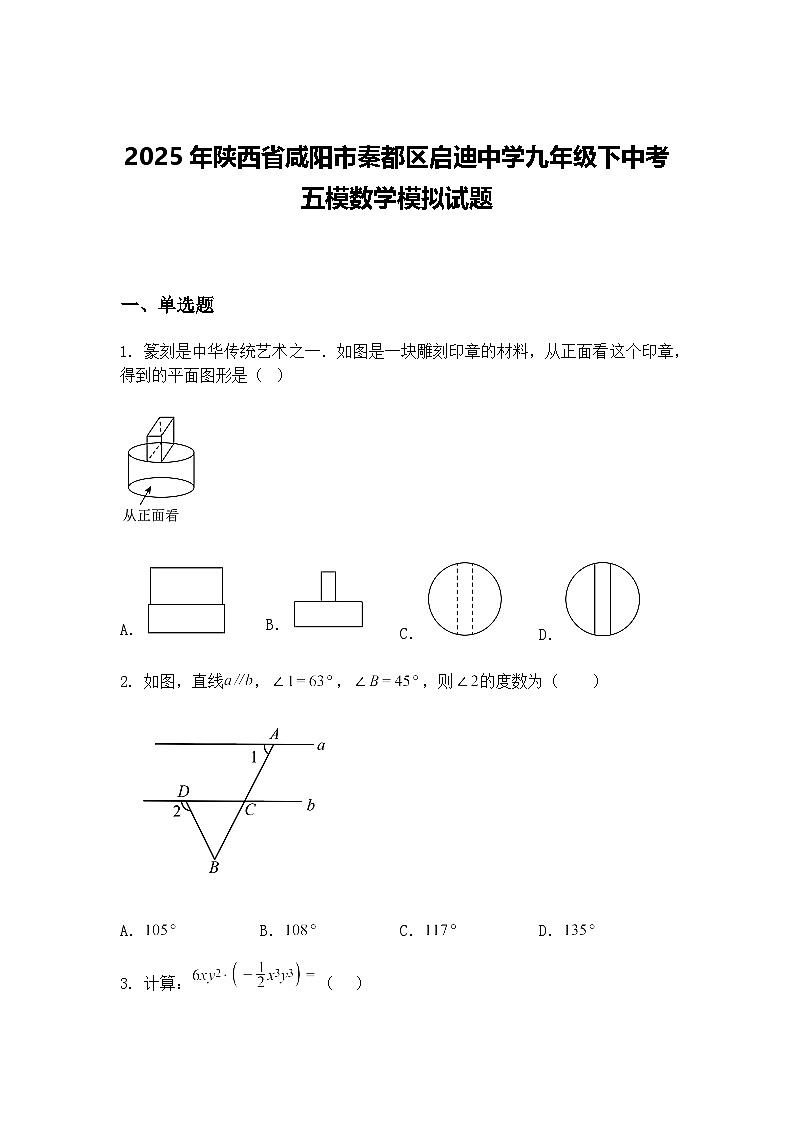 2025年陕西省咸阳市秦都区启迪中学九年级下中考五模数学模拟试题（含答案解析）第1页