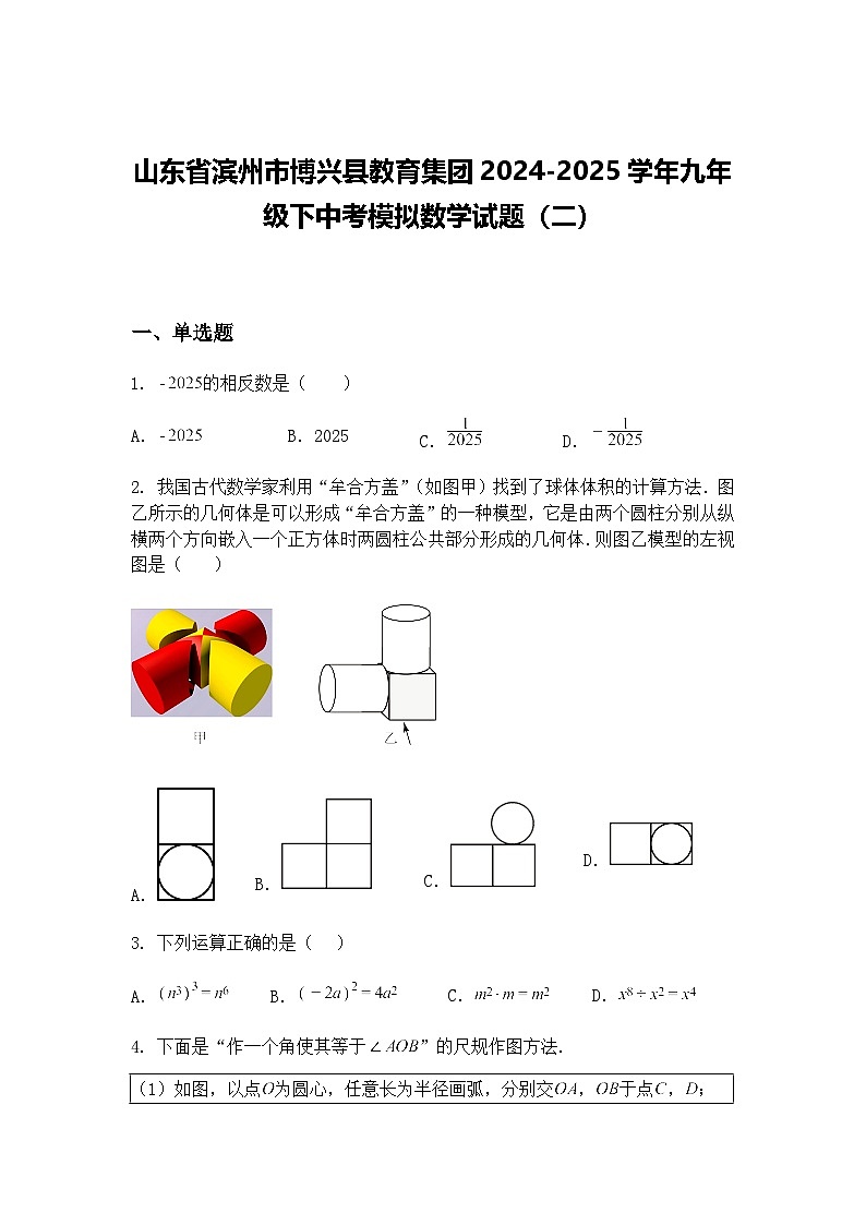 山东省滨州市博兴县教育集团2024-2025学年九年级下中考模拟数学试题（二）（含答案解析）第1页