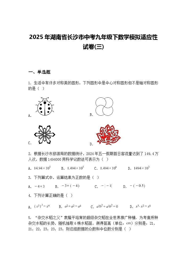 2025年湖南省长沙市中考九年级下数学模拟适应性试卷(三)（含答案解析）第1页