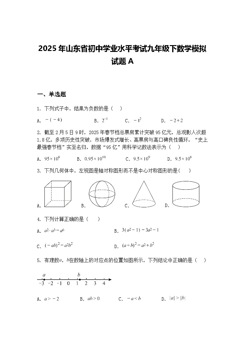 2025年山东省初中学业水平考试九年级下数学模拟试题A（含答案解析）第1页