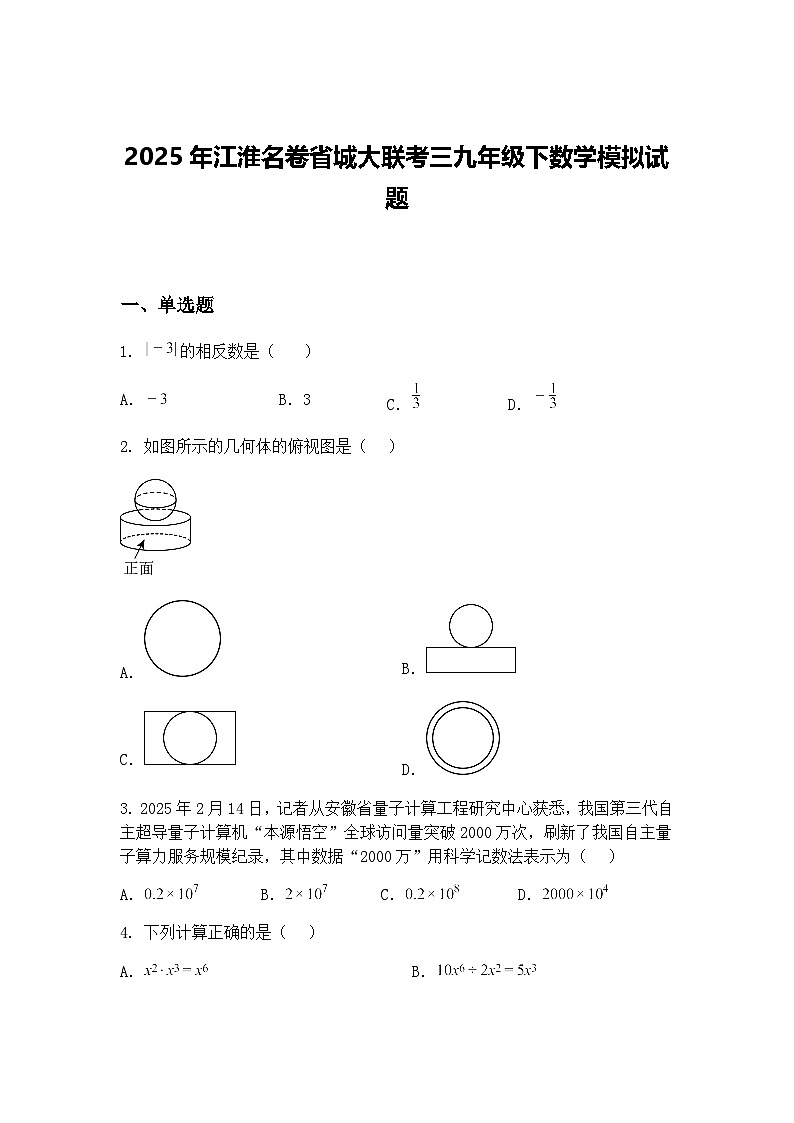 2025年江淮名卷省城大联考三九年级下数学模拟试题（含答案解析）第1页