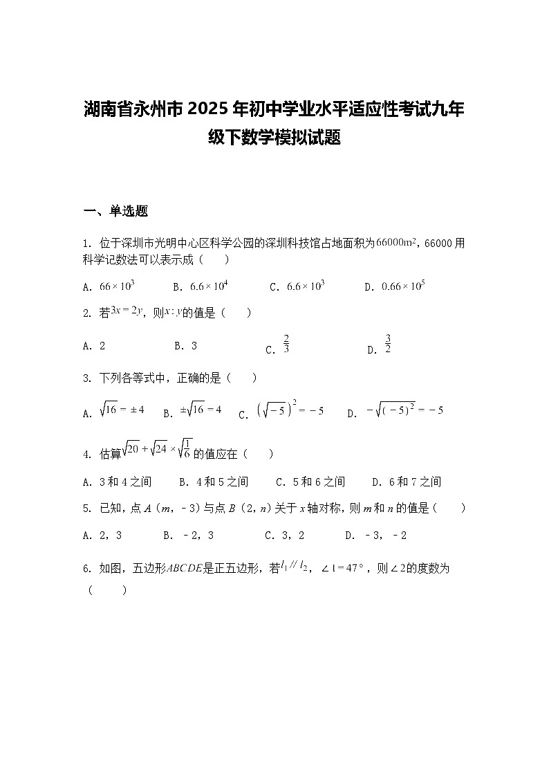 湖南省永州市2025年初中学业水平适应性考试九年级下数学模拟试题（含答案解析）第1页