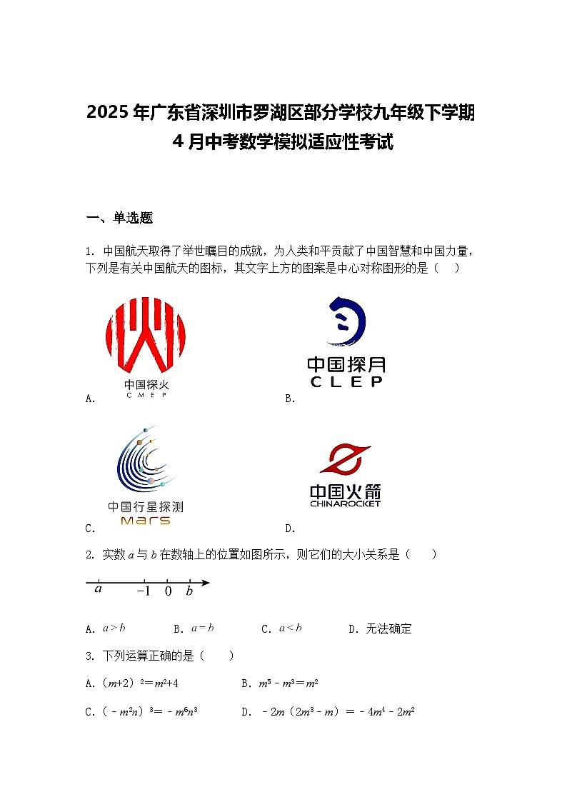 2025年广东省深圳市罗湖区部分学校九年级下学期4月中考数学模拟适应性考试（含答案解析）第1页