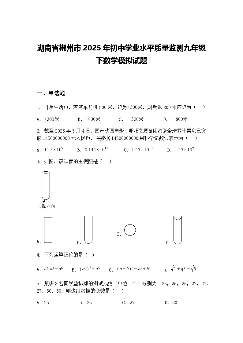 湖南省郴州市2025年初中学业水平质量监测九年级下数学模拟试题（含答案解析）第1页