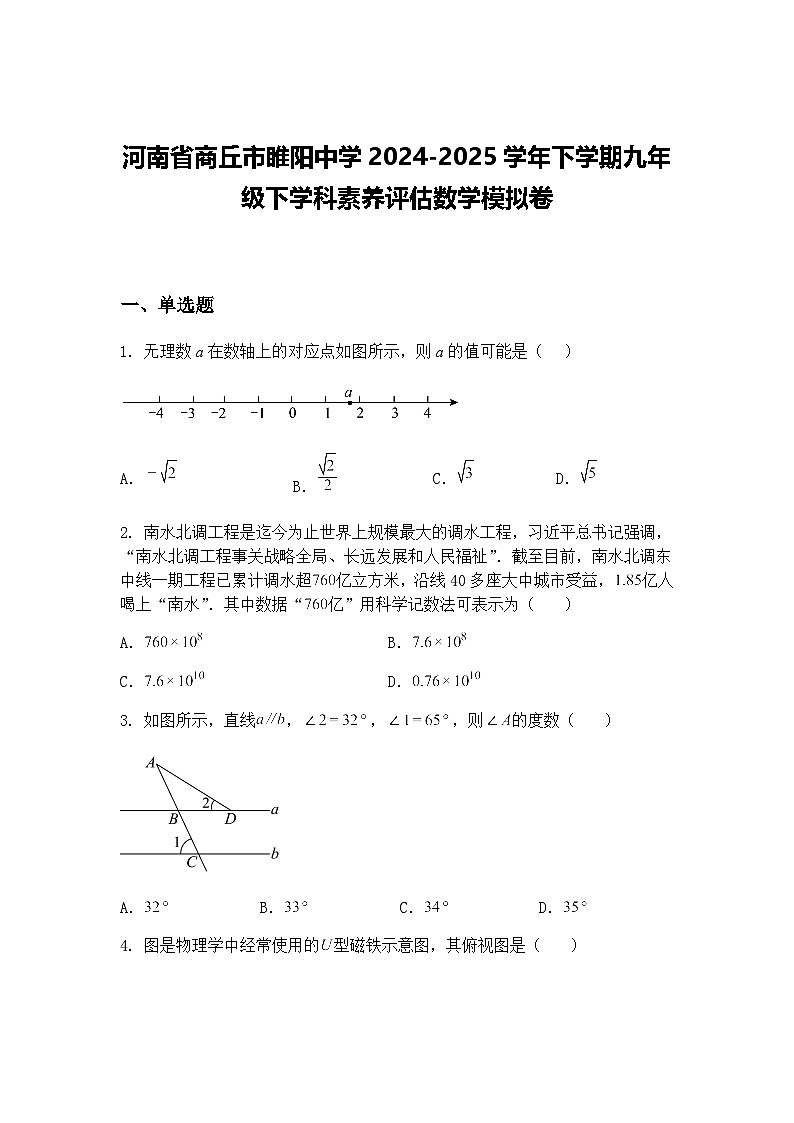 河南省商丘市睢阳中学2024-2025学年下学期九年级下学科素养评估数学模拟卷（含答案解析）第1页