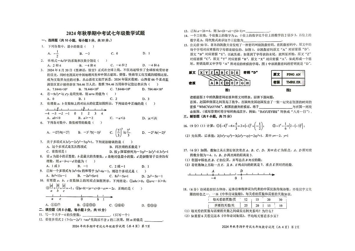湖北省黄冈市黄梅县部分学校2024-2025学年上学期七年级期中数学试题第1页