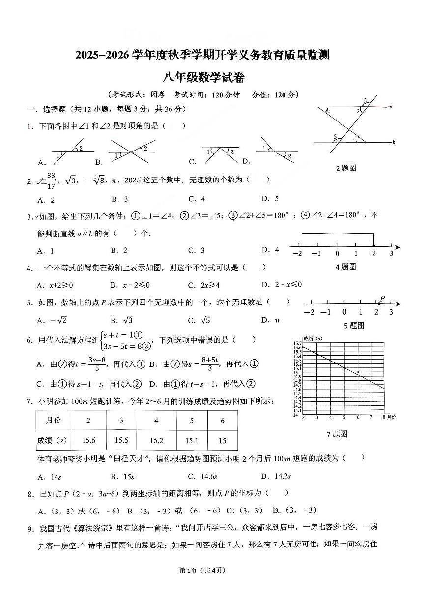 广西南宁市明天学校2025-2026学年八年级上学期开学考数学试题第1页