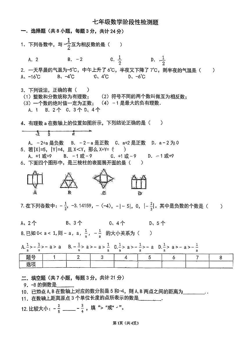 山东省青岛第六十一中学2025-2026学年七年级上学期10月月考数学试题第1页