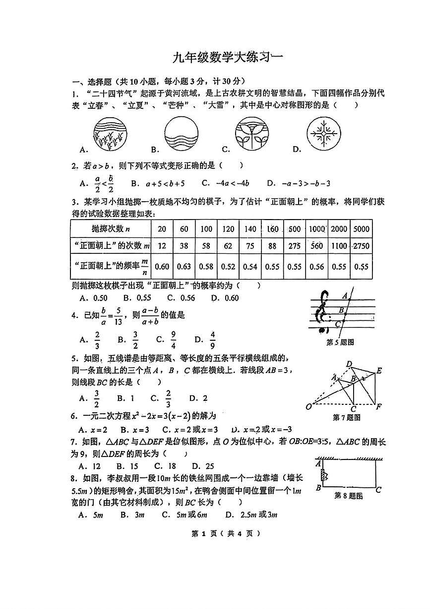 陕西省西安市工业大学附属中学2025-2026学年九年级上学期数学第一次月考试题第1页