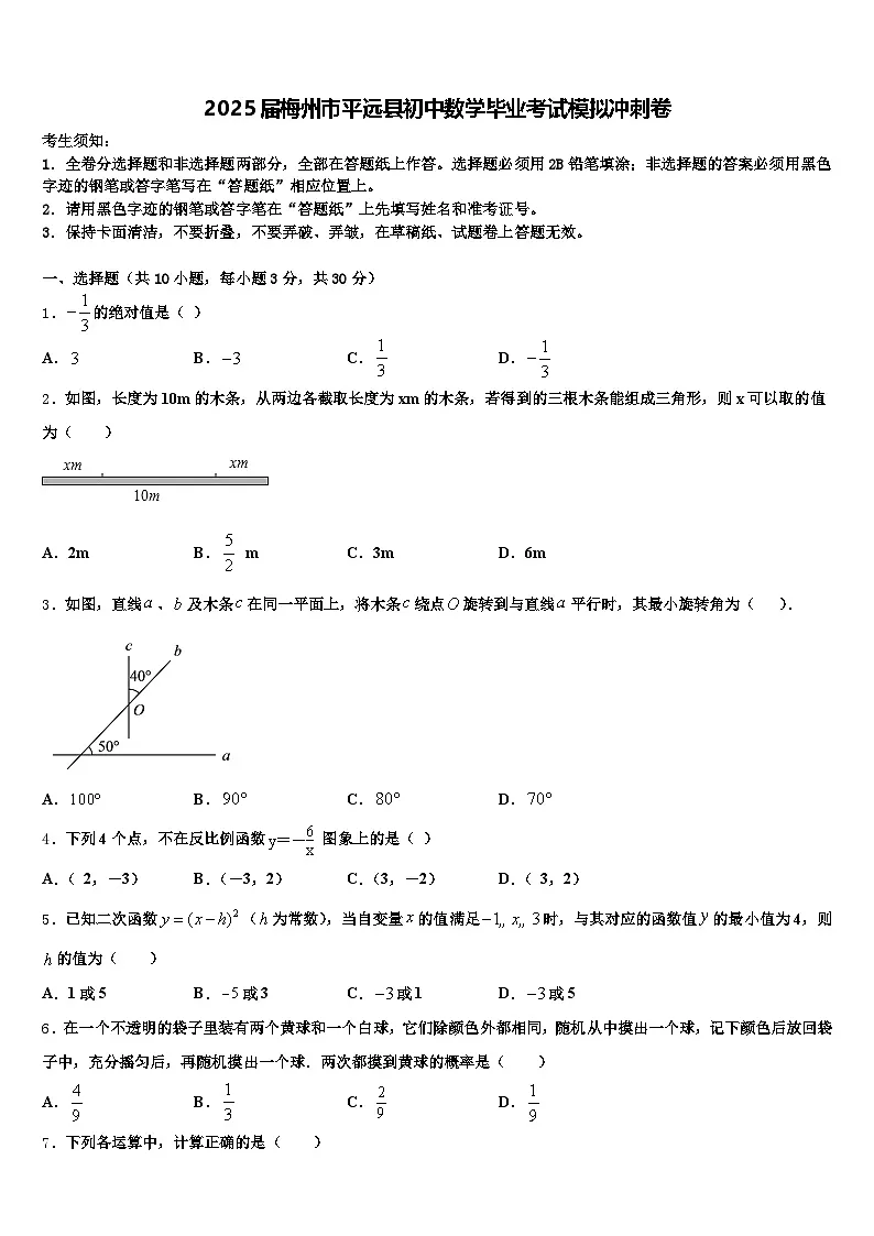 2025届梅州市平远县初中数学毕业考试模拟冲刺卷含解析第1页