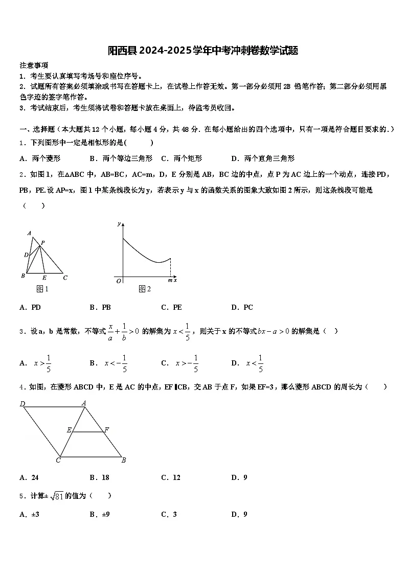 阳西县2024-2025学年中考冲刺卷数学试题含解析第1页