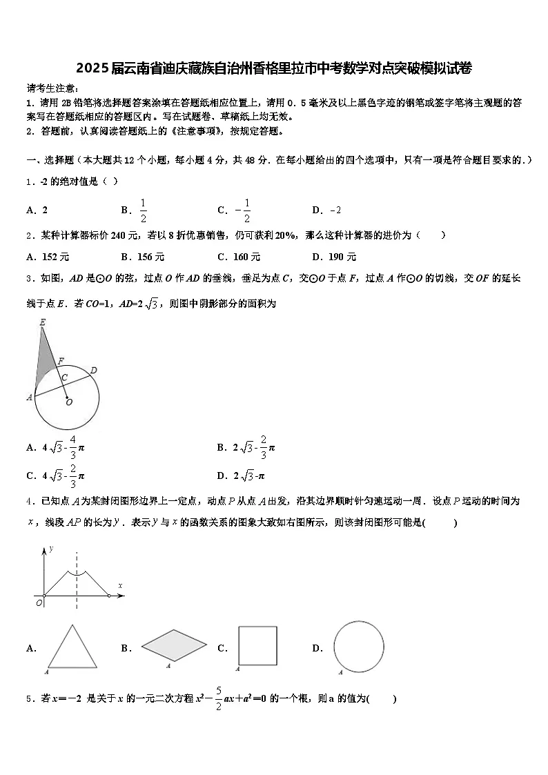 2025届云南省迪庆藏族自治州香格里拉市中考数学对点突破模拟试卷含解析第1页