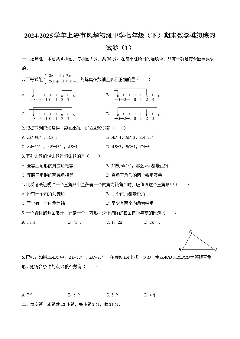 2024-2025学年上海市风华初级中学七年级（下）期末数学模拟练习试卷（1）-自定义类型第1页