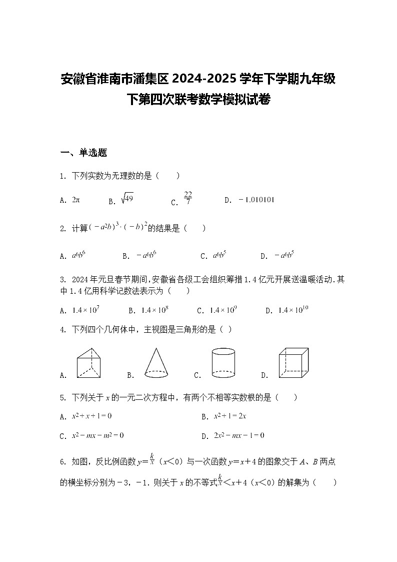 安徽省淮南市潘集区2024-2025学年下学期九年级下第四次联考数学模拟试卷（含答案解析）第1页
